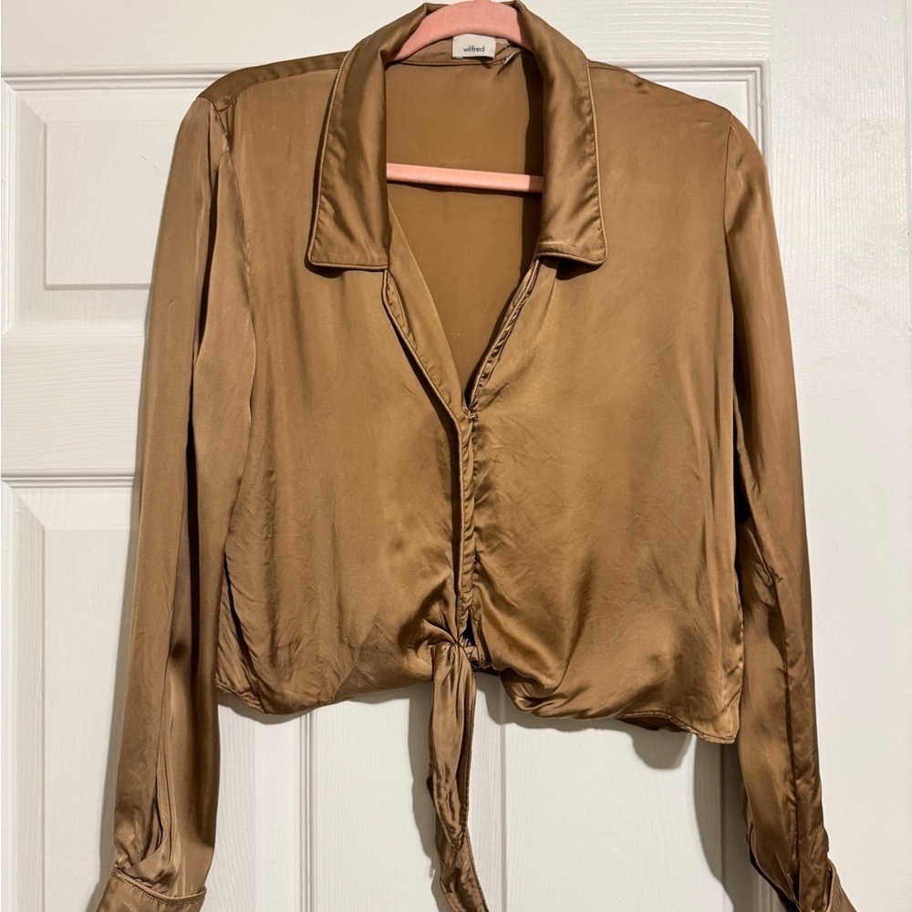 Aritzia Wilfred tie from satin blouse taupe size small